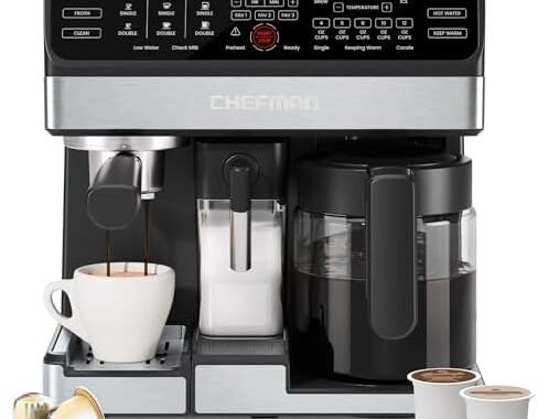 Chefman Coffee Maker Espresso Machine Combo, 8-in-1 Coffee Station with Automatic Milk Frother for Lattes, Cappuccinos, Macchiatos, 20-Bar Pump, 12-Cup Carafe & 3L Water Tank – Black