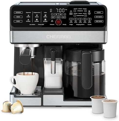 Chefman Coffee Maker Espresso Machine Combo, 8-in-1 Coffee Station with Automatic Milk Frother for Lattes, Cappuccinos, Macchiatos, 20-Bar Pump, 12-Cup Carafe & 3L Water Tank - Black
