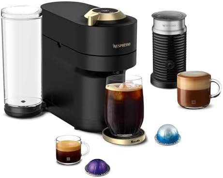 Nespresso Vertuo Pop+ Deluxe Coffee Machine with Frother, Matte Black Gold | Deluxe coffee and espresso maker by De’Longhi with 37 fl. oz. side tank. Aeroccino3 bundle for hot or cold milk foam.